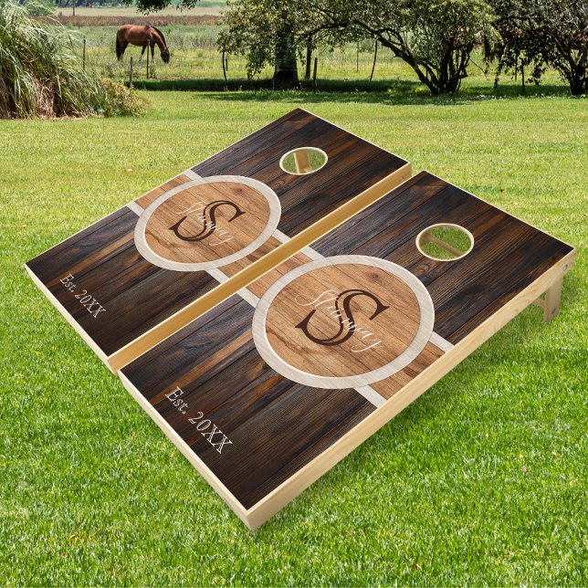 Rustic Wood Tone Circle Label Monogram Cornhole Set (Creator Uploaded)