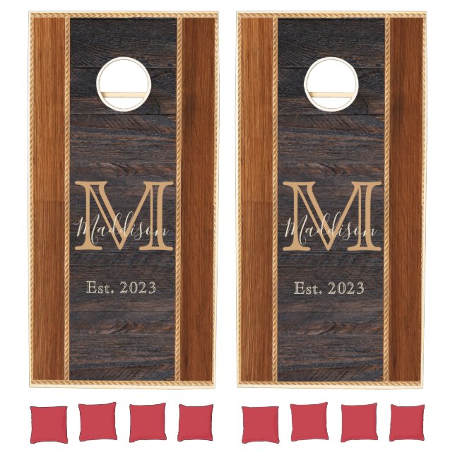 Rustic Wood Tone Coastal  Nautical Rope Monogram Cornhole Set (Set)