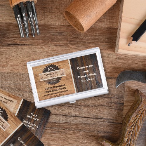 Rustic Wood Tone Contractor Logo Business Card Case