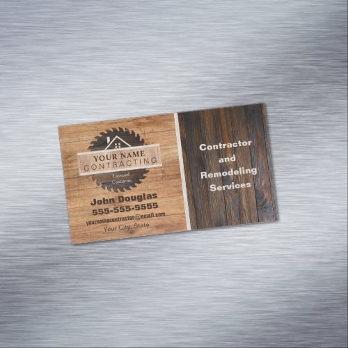 Rustic Wood Tone Contractor Logo Business Card Mag