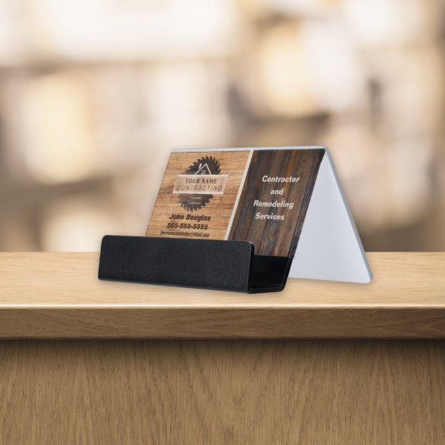 Rustic Wood Tone Contractor Logo Desk Business Card Holder (Creator Uploaded)