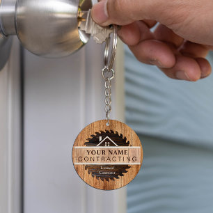 Rustic Wood Tone Contractor Logo Keychain