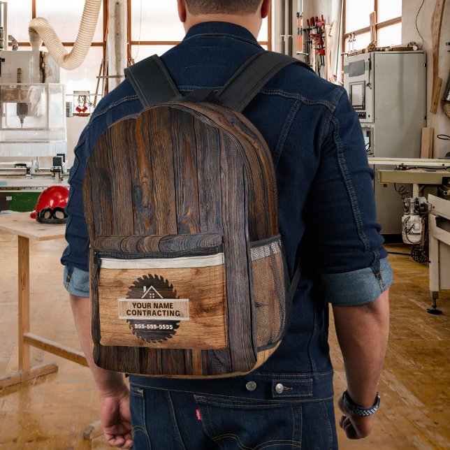 Rustic Wood Tone Contractor Logo Printed Backpack (Creator Uploaded)
