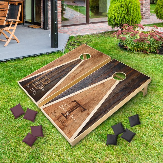 Rustic Wood Tone Dual Monogram Triangle Design Cornhole Set (Creator Uploaded)
