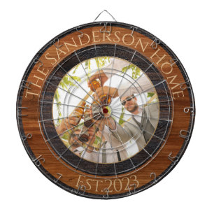 Rustic Wood Tone Family Name Photo Dart Board