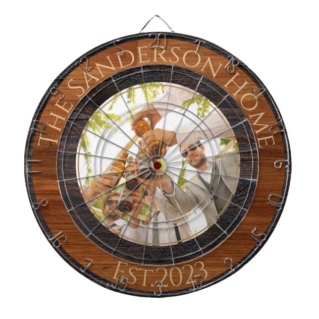 Rustic Wood Tone Family Name Photo Dart Board (Front)