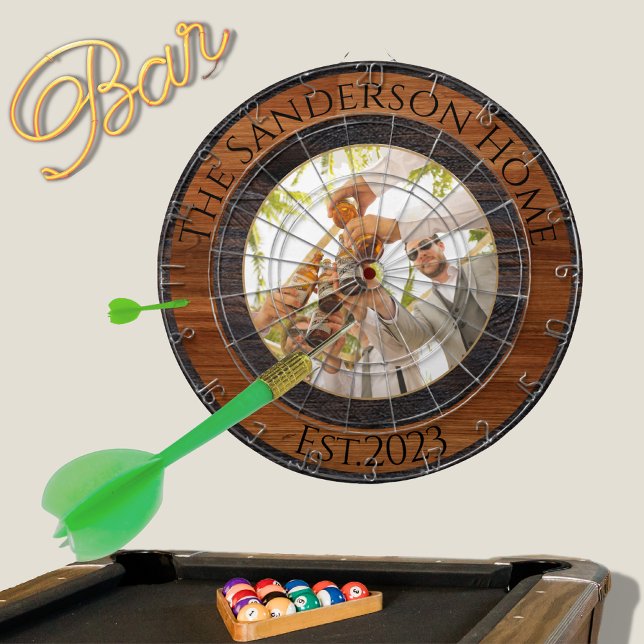 Rustic Wood Tone Family Name Photo Dart Board (Creator Uploaded)