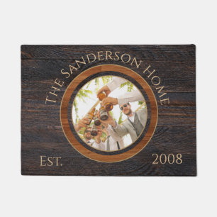 Rustic Wood Tone Family Name Photo Doormat