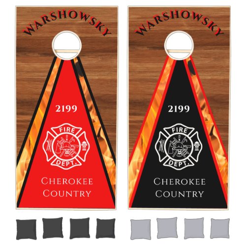 Rustic Wood Tone Firefighter emblem  red black Cornhole Set