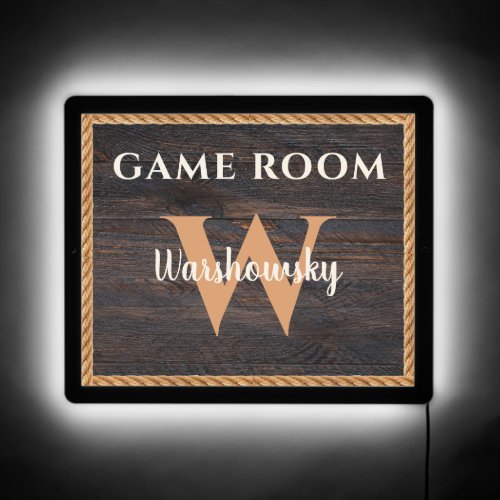Rustic Wood Tone Game Room Family Monogram LED Sign