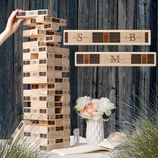 Rustic Wood Tone Grain Wedding Bride Groom Names Topple Tower (Creator Uploaded)