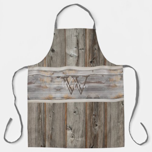 Rustic Wood Tone Gray Monogram Stripe Horizontal Apron