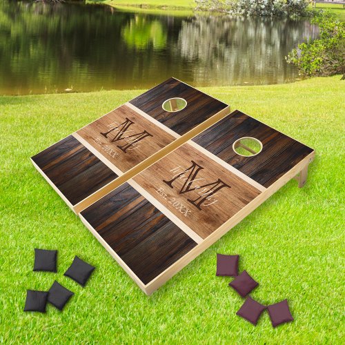 Rustic Wood Tone Horizontal Stripe Monogram br Cornhole Set