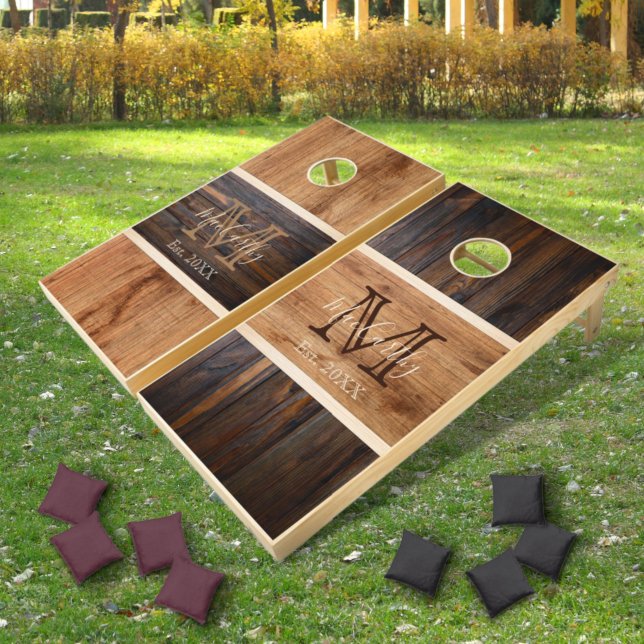Rustic Wood Tone Horizontal Stripe Monogram Cornhole Set (Creator Uploaded)