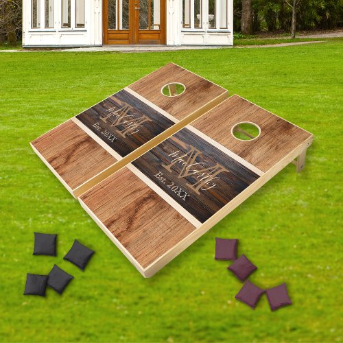 Rustic Wood Tone Horizontal Stripe Monogram tn Cornhole Set