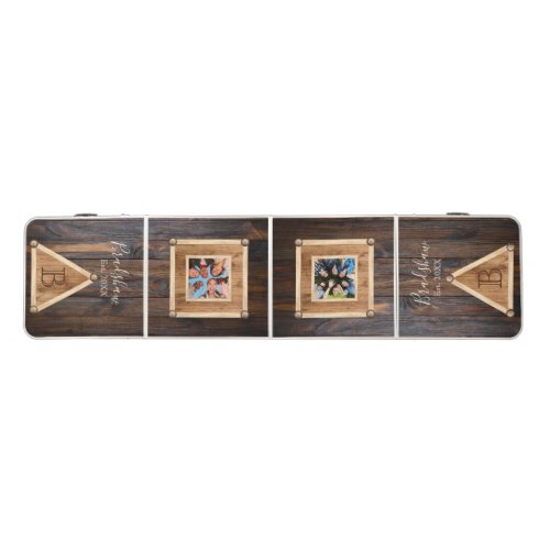 Rustic Wood Tone Monogram and Photo Beer Pong Table