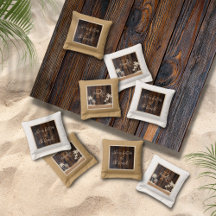 Rustic Wood Tone Monogram Beach Cornhole Bags
