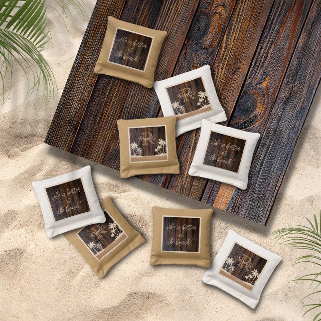 Rustic Wood Tone Monogram Beach Cornhole Bags (Creator Uploaded)