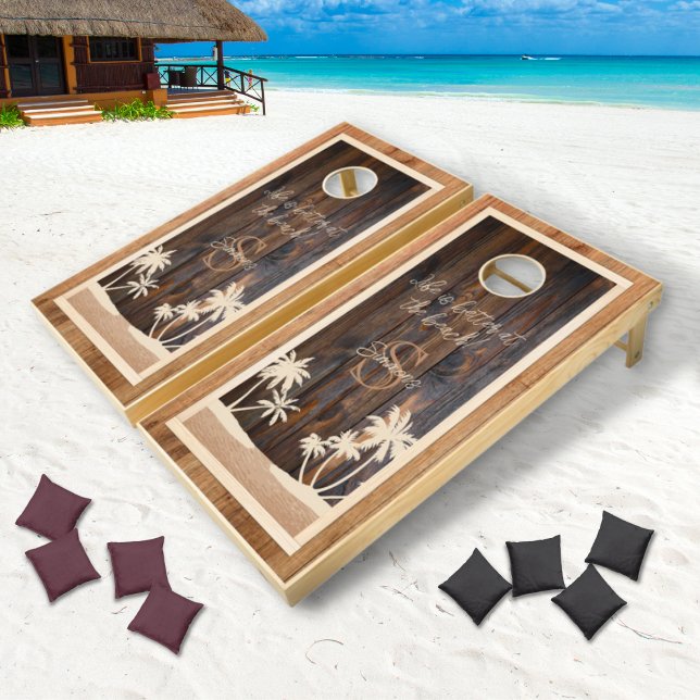 Rustic Wood Tone Monogram Beach Cornhole Set (Creator Uploaded)