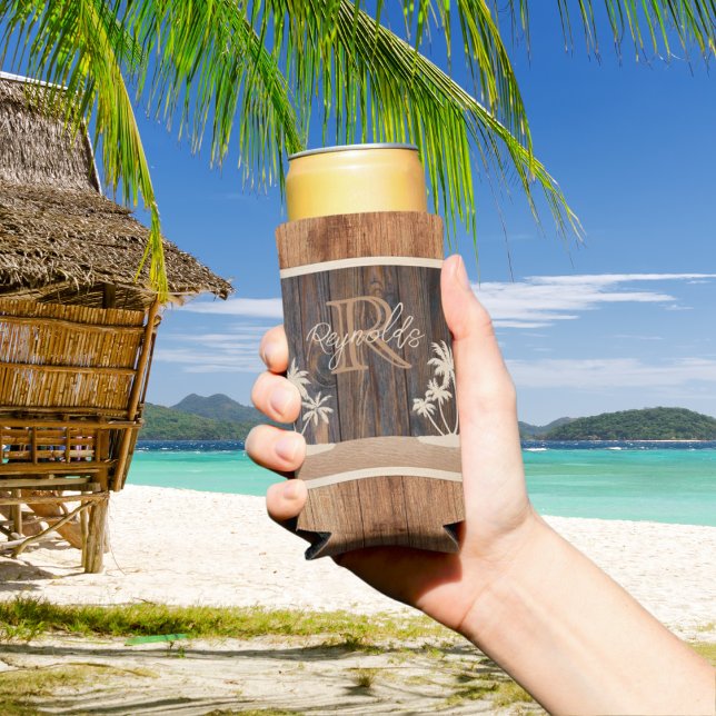 Rustic Wood Tone Monogram Beach Seltzer Can Cooler (Creator Uploaded)