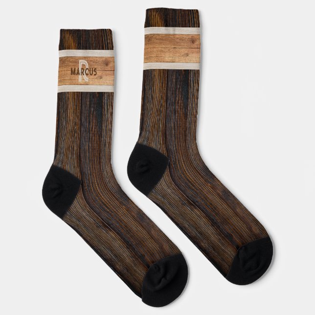 Rustic Wood Tone Monogram Brown and Tan Socks (Right)