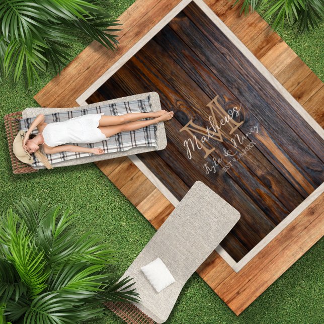 Rustic Wood Tone Monogram Brown Tan Large Area Outdoor Rug (Creator Uploaded)