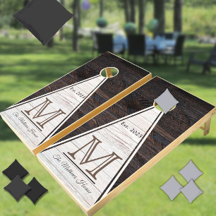 Rustic Wood Tone Monogram Cream Brown Monogram Cor Cornhole Set