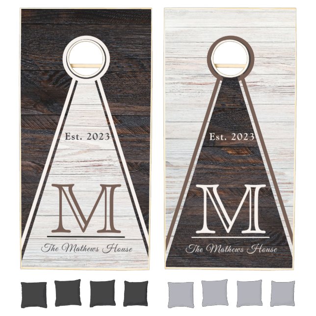 Rustic Wood Tone Monogram Cream Brown Triangle Cor Cornhole Set (Set)