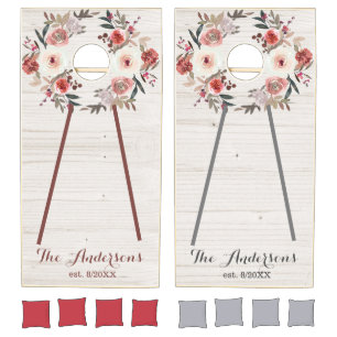 Rustic Wood Tone Monogram Floral Wreath Cornhole Set