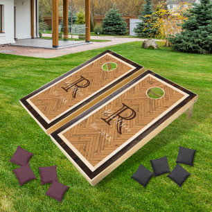Rustic Wood Tone Monogram Herringbone Design Cornhole Set