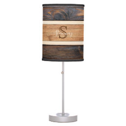 Rustic Wood Tone Monogram Horizontal Stripe Table Lamp