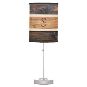 Rustic Wood Tone Monogram Horizontal Stripe Table Lamp