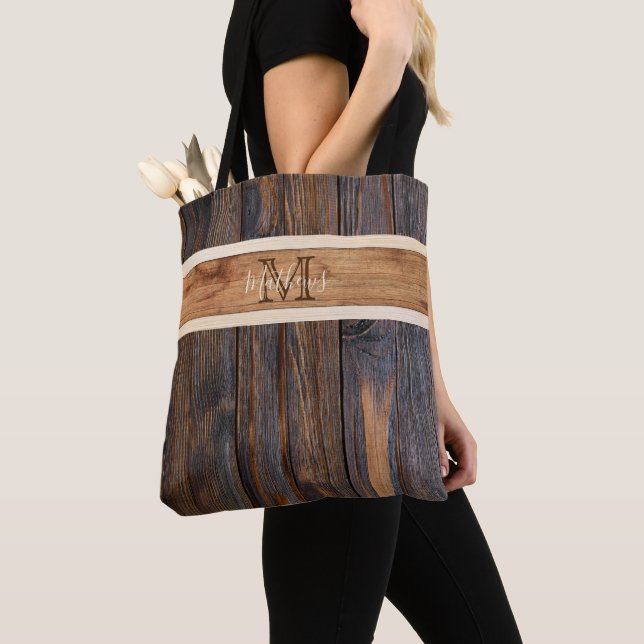 Rustic Wood Tone Monogram Horizontal Stripe Tote Bag (Close Up)