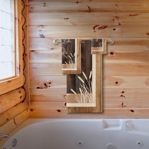 Rustic Wood Tone Monogram Lake Bath Towel Set