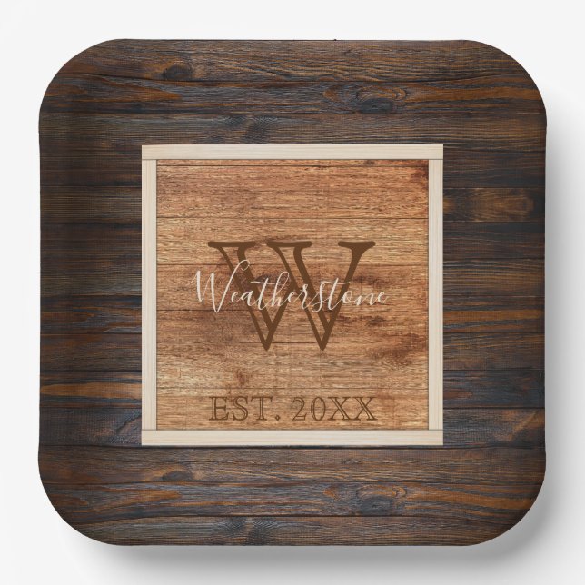 Rustic Wood Tone Monogram Large Paper Plates (Front)