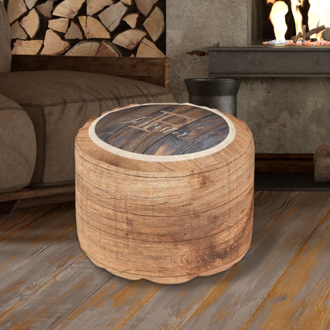 Rustic Wood Tone Monogram Light Brown Round Pouf (Creator Uploaded)