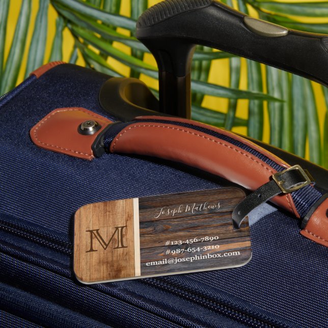 Rustic Wood Tone Monogram Luggage Tag (Front Insitu 3)