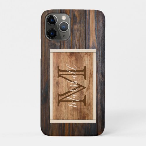Rustic Wood Tone Monogram Rectangle iPhone 11 Pro Case