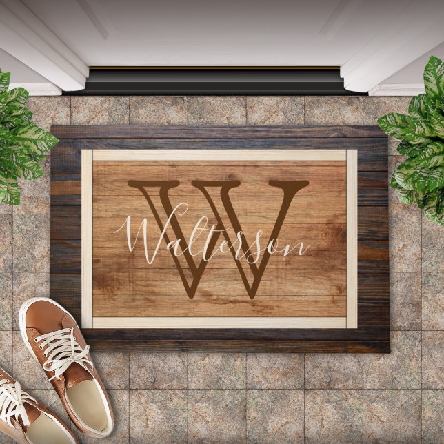 Rustic Wood Tone Monogram Rectangle Doormat (Creator Uploaded)