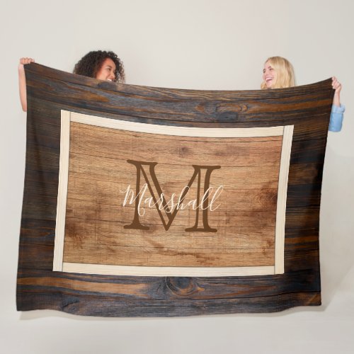 Rustic Wood Tone Monogram Rectangle Fleece Blanket