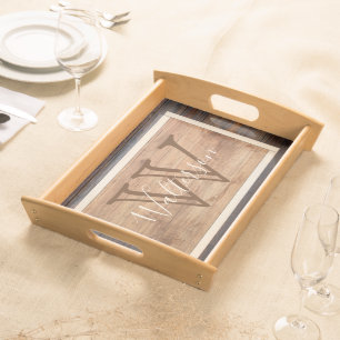 Rustic Wood Tone Monogram Rectangle Serving Tray
