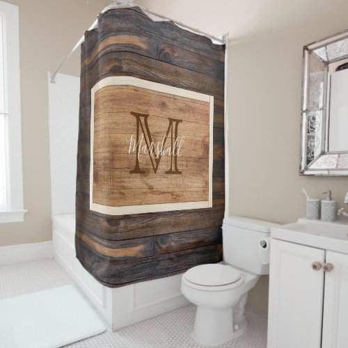 Rustic Wood Tone Monogram Rectangle Shower Curtain