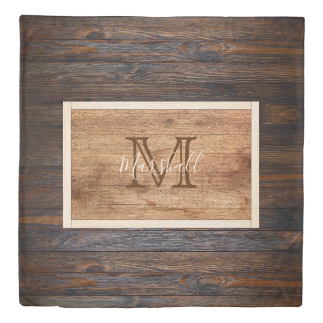 Rustic Wood Tone Monogram Reversible Duvet Cover (Front)