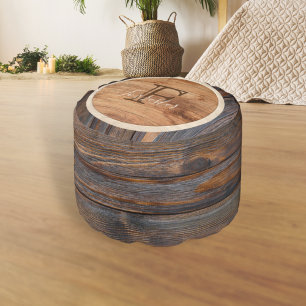 Rustic Wood Tone Monogram Round Design Pouf