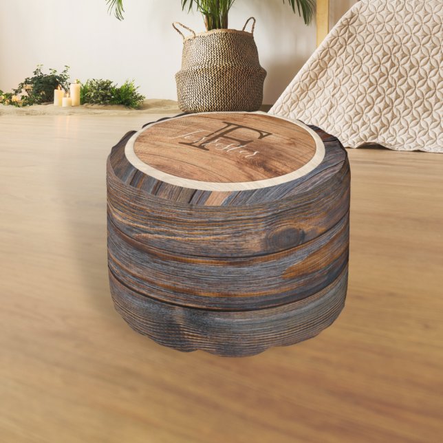 Rustic Wood Tone Monogram Round Design Pouf (Creator Uploaded)