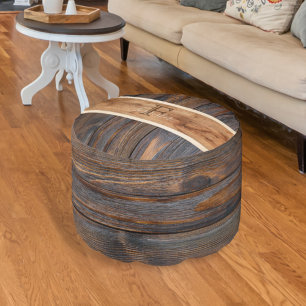 Rustic Wood Tone Monogram Round Pouf