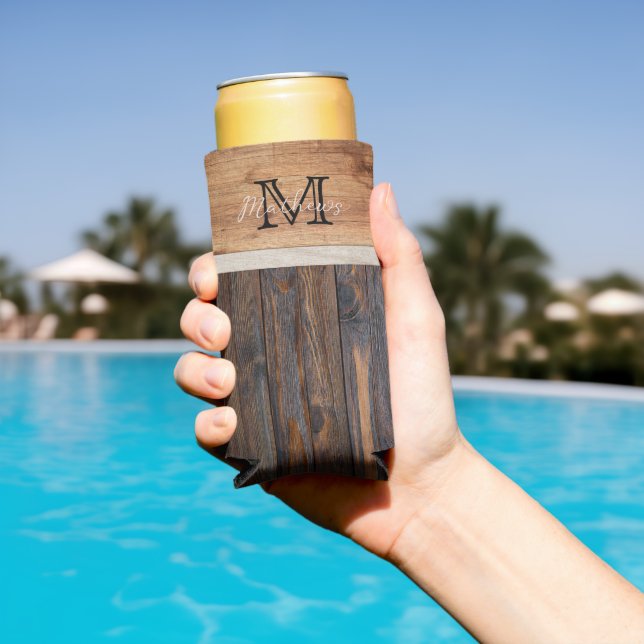 Rustic Wood Tone Monogram Seltzer Can Cooler (In Situ Pool)