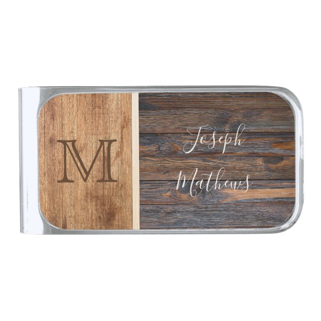 Rustic Wood Tone Monogram Silver Finish Money Clip (Front)