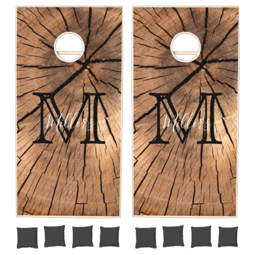 Rustic Wood Tone Monogram Square Design Cornhole Set