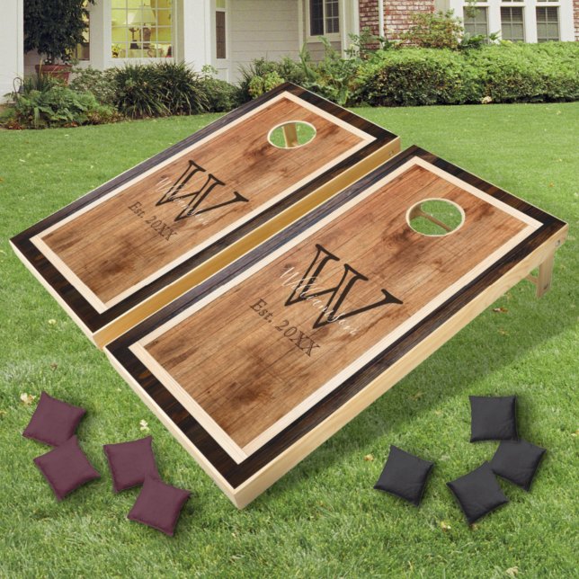 Rustic Wood Tone Monogram Square Design Cornhole Set (Creator Uploaded)